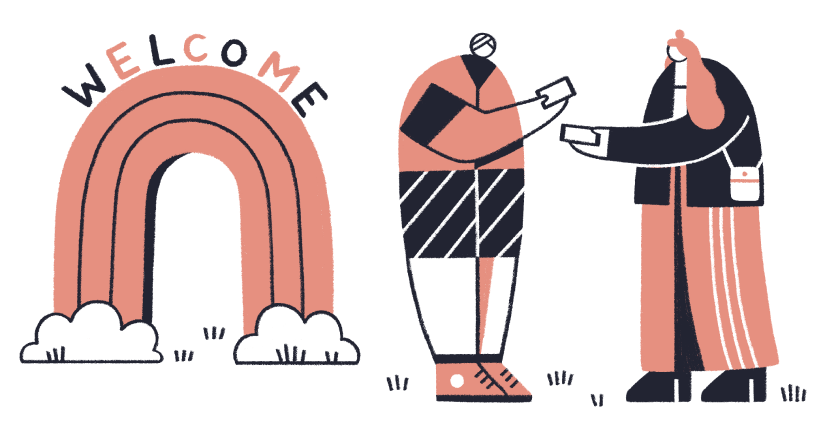 Illustration of a welcome sign on a rainbow, and two people exchanging tickets