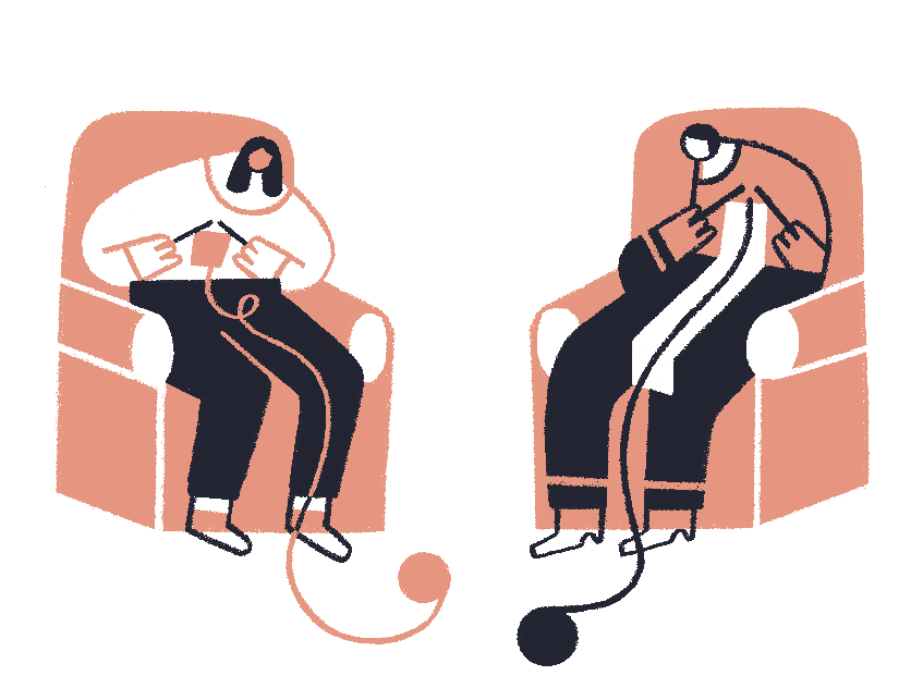 Illustration of two people sitting in armchairs knitting and chatting